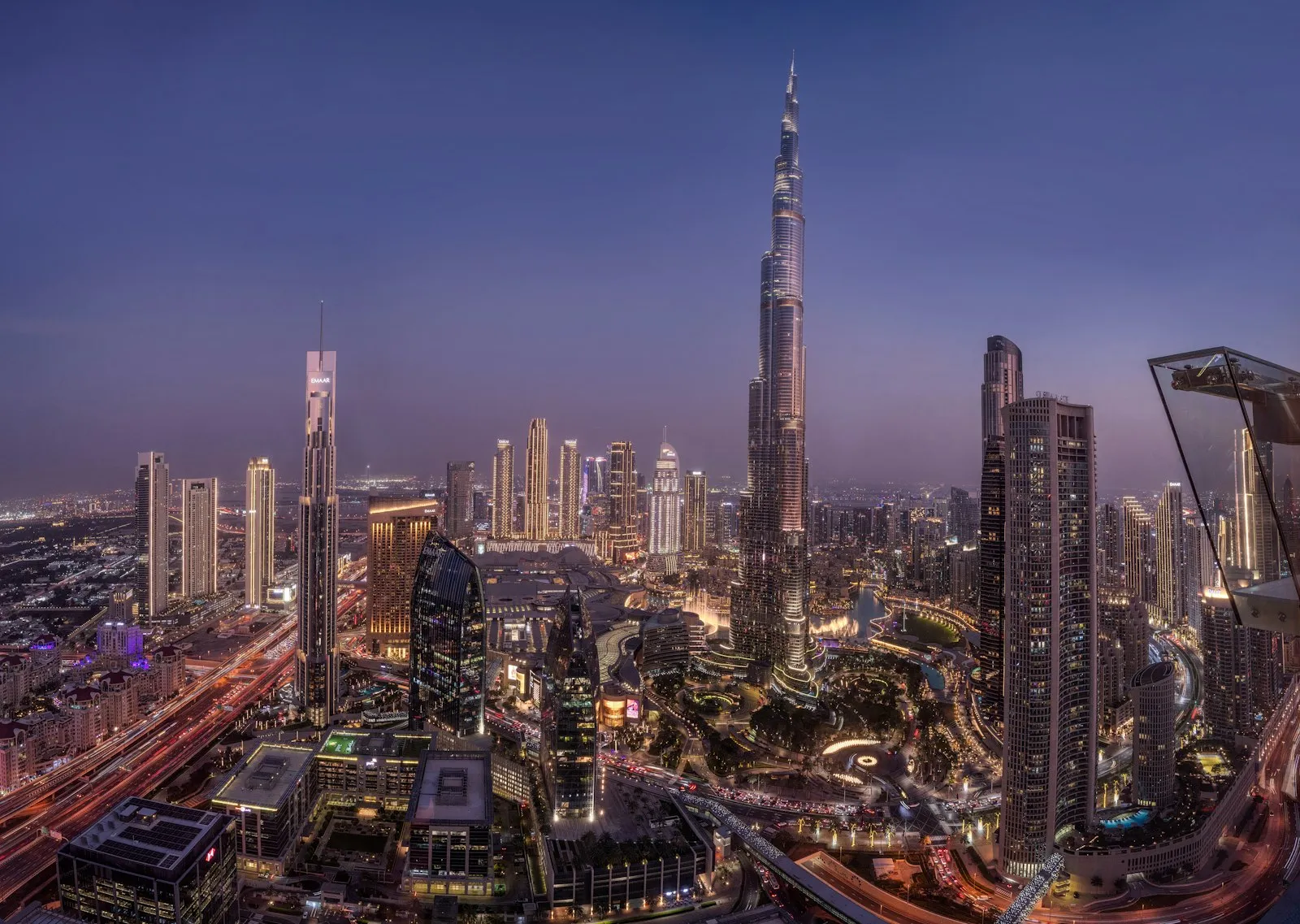 The Burj Khalifa and Downtown Dubai skyline at twilight