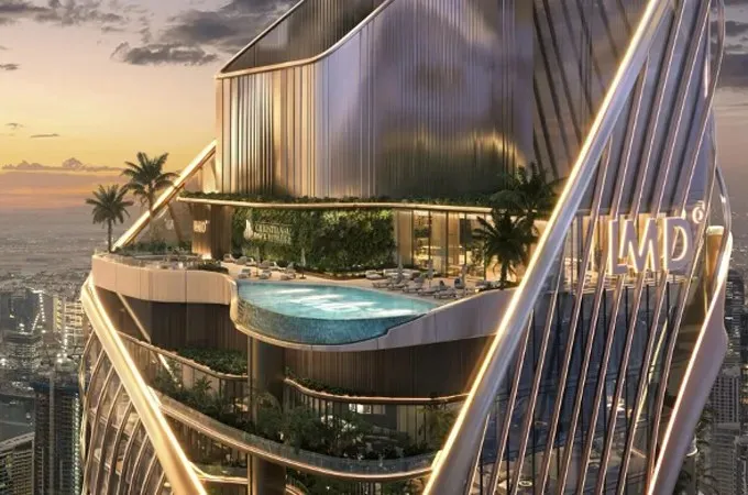 Render: an amenity level with an infinity pool, palm trees and a lounge terrace on the tower at sunset