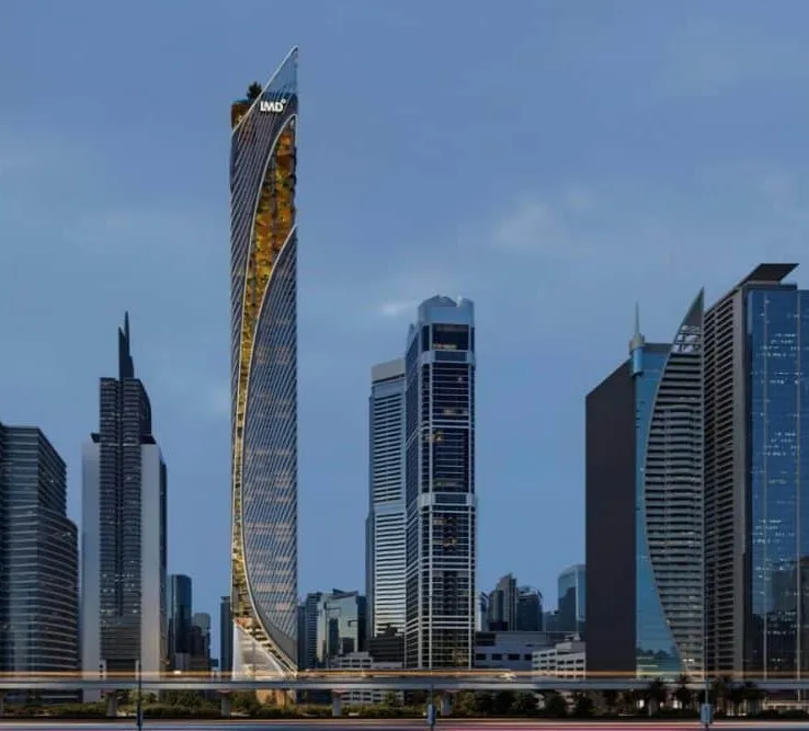 Render: the curved, ribbed Christian A. Rockefeller Business Tower rising above the Sheikh Zayed Road skyline and the Metro line at dusk