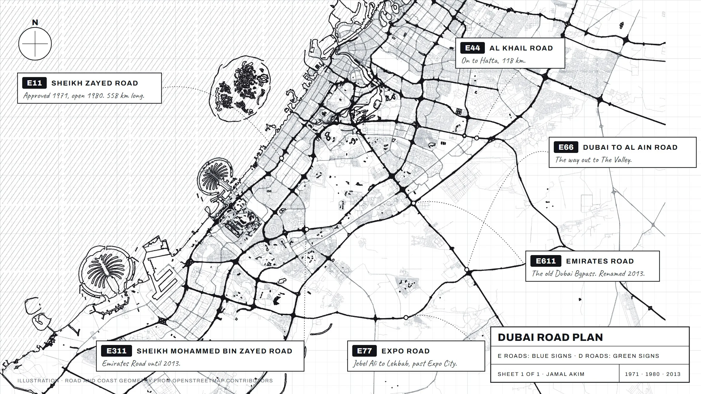 A planner's drawing of Dubai's road network: the coast and the Palms, with E11, E311, E611, E44, E66 and E77 inked in and labelled