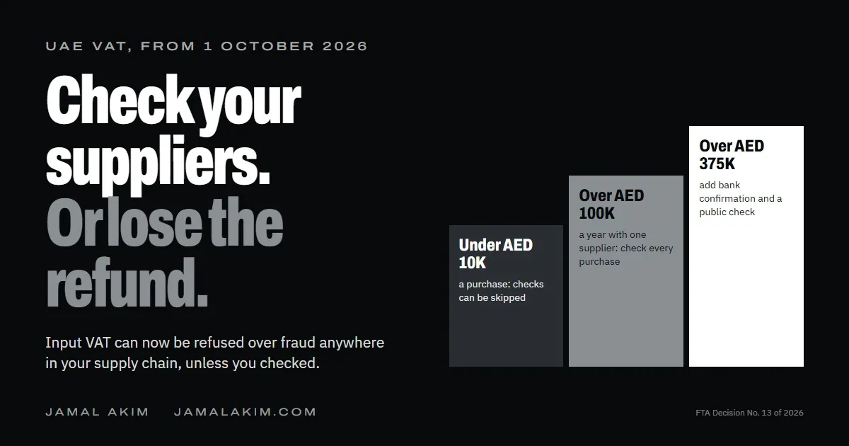 UAE VAT from 1 October 2026: a three-step ladder of supplier checks at AED 10,000, AED 100,000 and AED 375,000