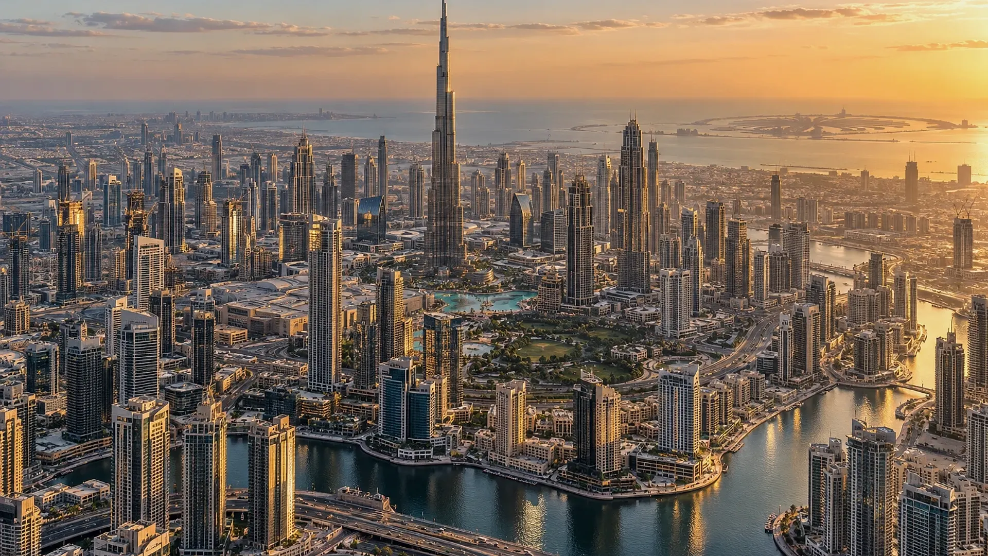 The Dubai skyline around the Burj Khalifa at sunset